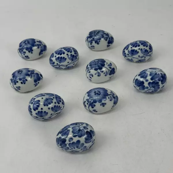 Lot of 10 Pier 1 Small White Ceramic Eggs With Blue Flowers