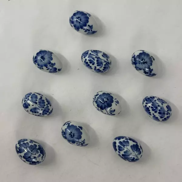 Lot of 10 Pier 1 Small White Ceramic Eggs With Blue Flowers