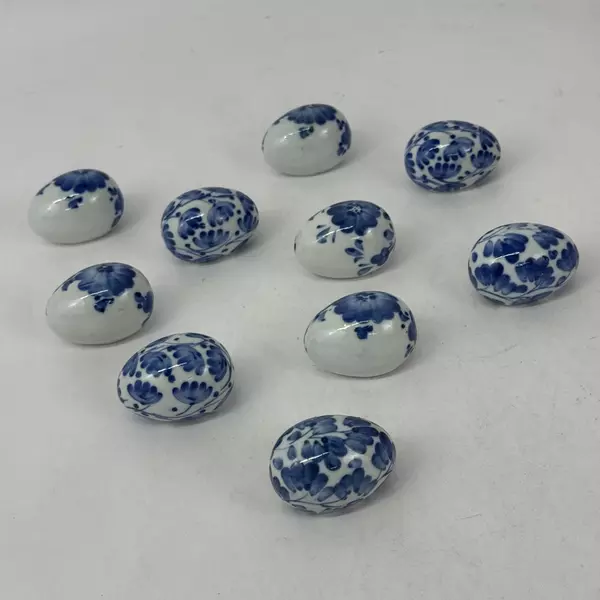 Lot of 10 Pier 1 Small White Ceramic Eggs With Blue Flowers