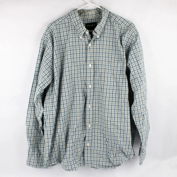 Eddie Bauer Blue and Green Plaid Button-Down Men's Size XL FLAWED