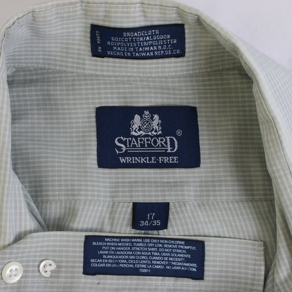 Stafford Wrinkle-Free Sage Green Button-Down Men's Size 17 34/35 Flawed