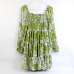Patrons of Peace Pear Green Floral Short Smocked Dress Women's Small