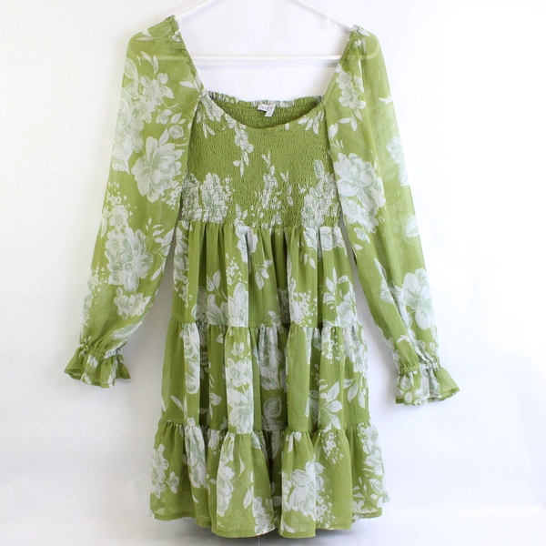 Patrons of Peace Pear Green Floral Short Smocked Dress Women's Small