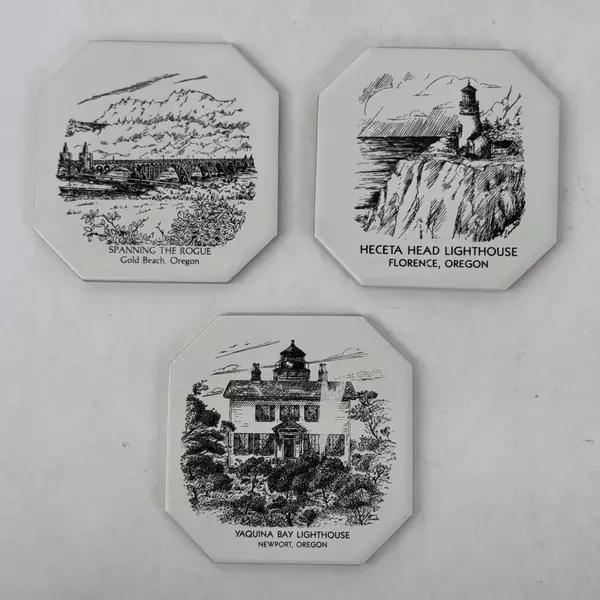 Set of 3 White Octagon Shaped Souvenir Ceramic Tiles With Oregon Coast Scenes