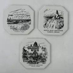 Set of 3 White Octagon Shaped Souvenir Ceramic Tiles With Oregon Coast Scenes