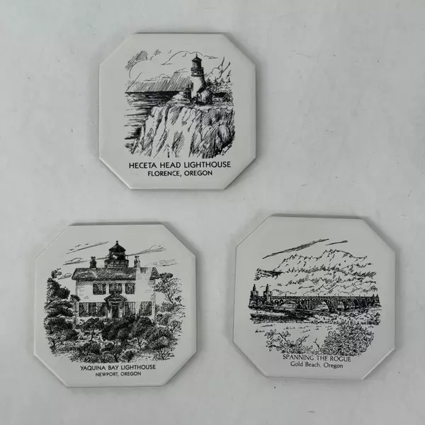 Set of 3 White Octagon Shaped Souvenir Ceramic Tiles With Oregon Coast Scenes