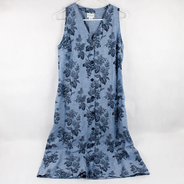 Liz Claiborne Cotton Linen Blue Floral Sleeveless Midi Shift Dress Women's Small