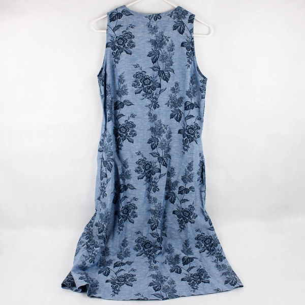 Liz Claiborne Cotton Linen Blue Floral Sleeveless Midi Shift Dress Women's Small