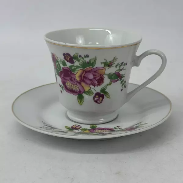 White Hand Painted Porcelain Cup And Saucer Set with Pink and Yellow Roses