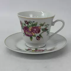 White Hand Painted Porcelain Cup And Saucer Set with Pink and Yellow Roses