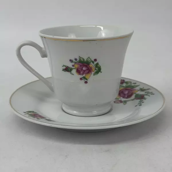 White Hand Painted Porcelain Cup And Saucer Set with Pink and Yellow Roses