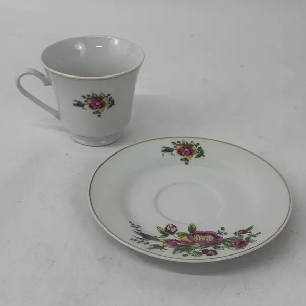White Hand Painted Porcelain Cup And Saucer Set with Pink and Yellow Roses