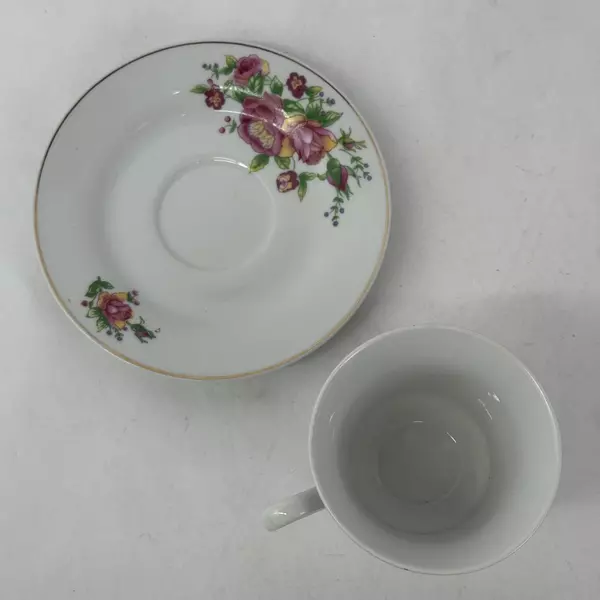 White Hand Painted Porcelain Cup And Saucer Set with Pink and Yellow Roses