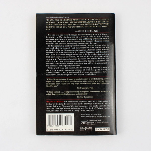 The De-Valuing of America by William J Bennett 1992 Paperback