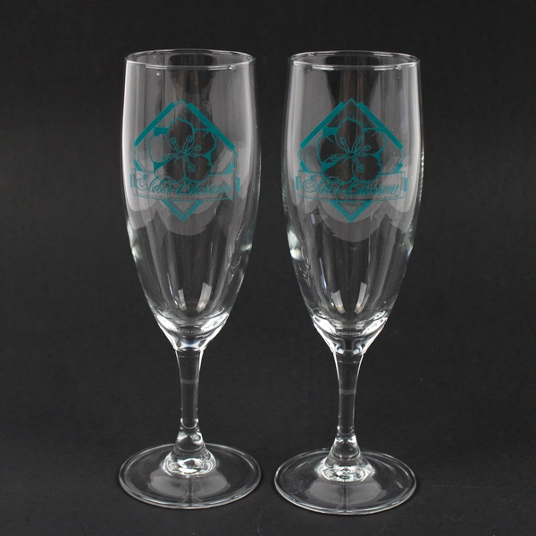 Lot Of 2 ElderBlossom Winery Champagne Flutes Teal Logo Glassware