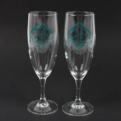 Lot Of 2 ElderBlossom Winery Champagne Flutes Teal Logo Glassware