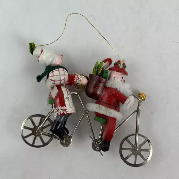 Vintage Santa Mrs. Claus on Tandem Bicycle Kurt Adler Wooden Christmas Ornament