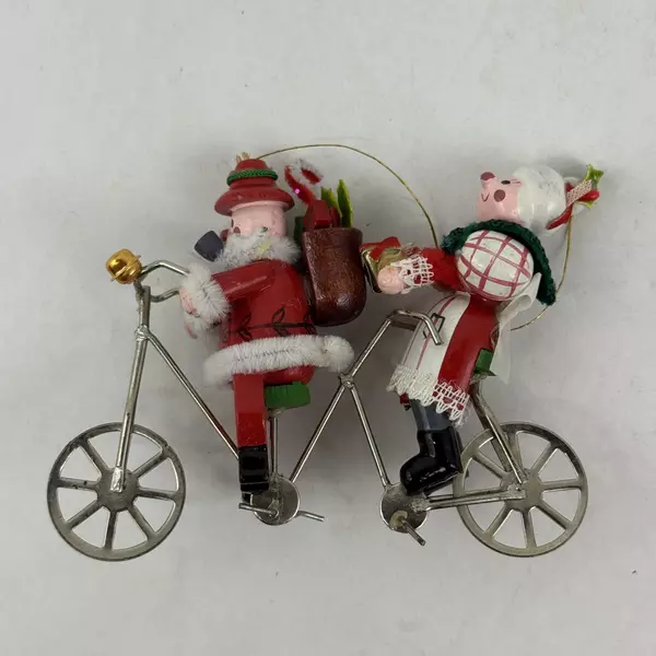 Vintage Santa Mrs. Claus on Tandem Bicycle Kurt Adler Wooden Christmas Ornament