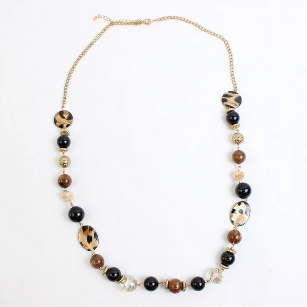 Brown and Black Glass Beaded Necklace Gold Tone Chain 34"