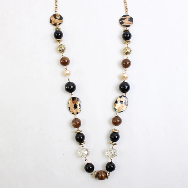 Brown and Black Glass Beaded Necklace Gold Tone Chain 34"