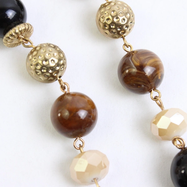 Brown and Black Glass Beaded Necklace Gold Tone Chain 34"