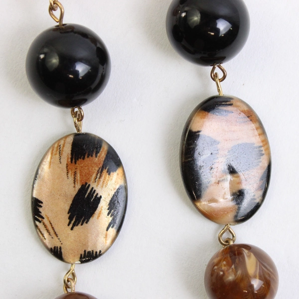 Brown and Black Glass Beaded Necklace Gold Tone Chain 34"