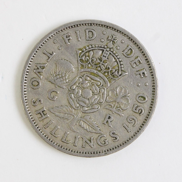 British Two Shillings George VI Crowned Tudor Rose Copper-Nickle Coin 1950