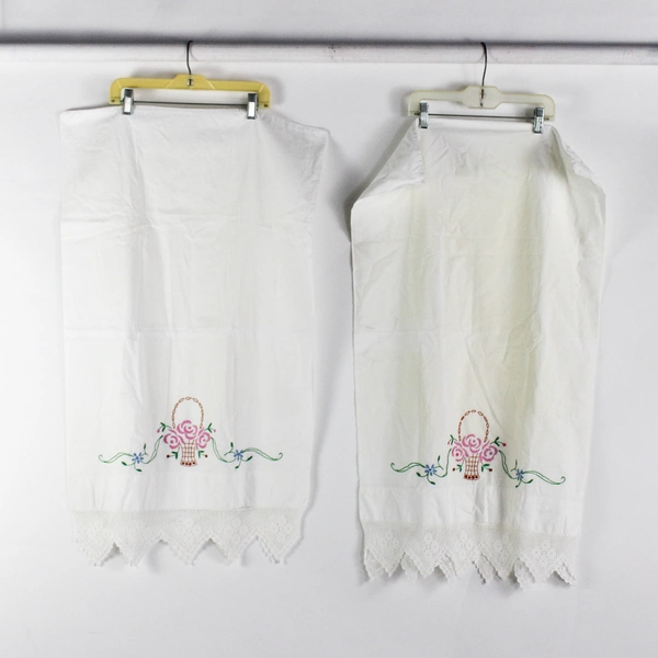 Lot Of 2 Unbranded Floral Embroidered White Pillowcases Lace Trim 21" x 34"