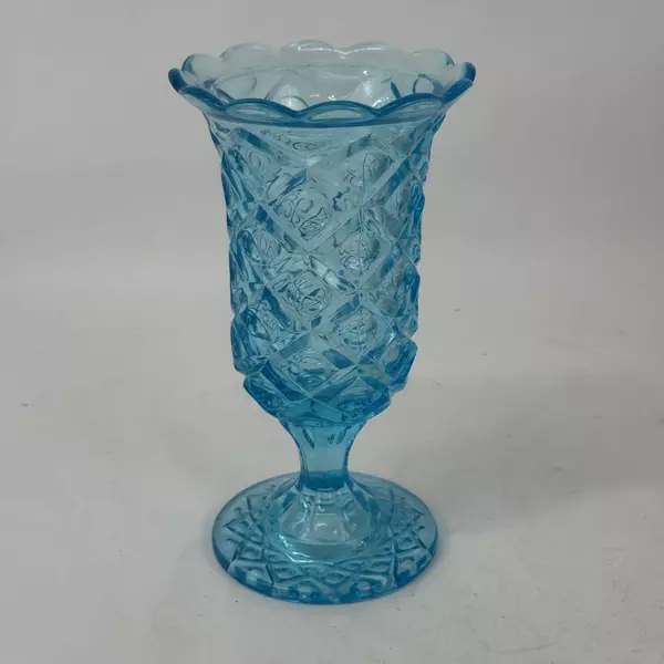 Vintage Viking Glass Blue Diamond And Thumbprint Footed Vase 9.75 Inch