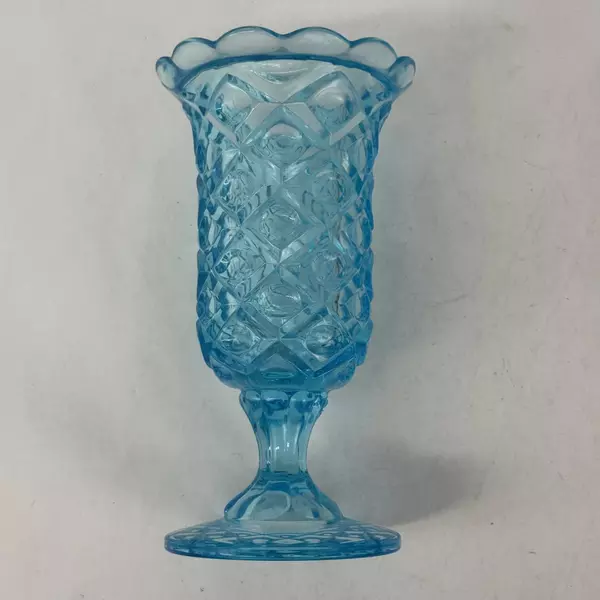 Vintage Viking Glass Blue Diamond And Thumbprint Footed Vase 9.75 Inch