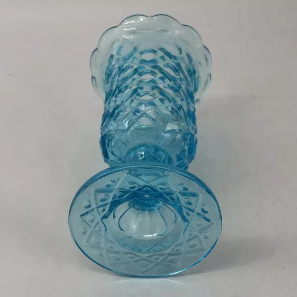 Vintage Viking Glass Blue Diamond And Thumbprint Footed Vase 9.75 Inch