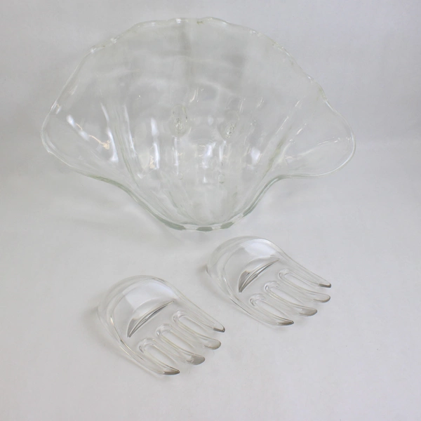 Lot Of 3 Unbranded Clear Plastic Large Shell Serving Bowl & Serving Cutlery