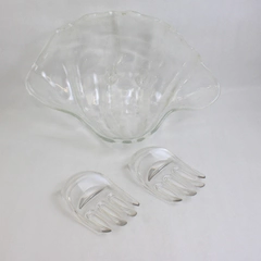 Lot Of 3 Unbranded Clear Plastic Large Shell Serving Bowl & Serving Cutlery