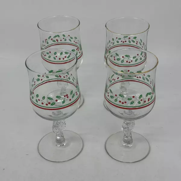 4 Arby's Libbey Holly Berry Christmas Water Goblets 6.75 Inch Bow Stem