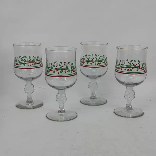 4 Arby's Libbey Holly Berry Christmas Water Goblets 6.75 Inch Bow Stem