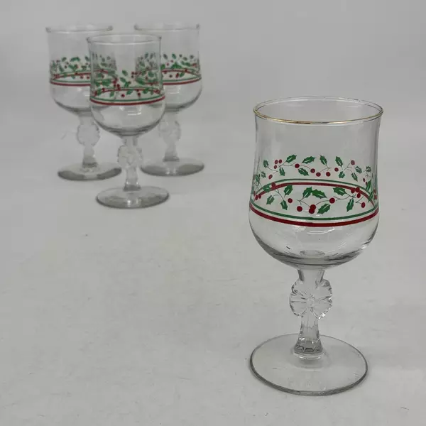 4 Arby's Libbey Holly Berry Christmas Water Goblets 6.75 Inch Bow Stem