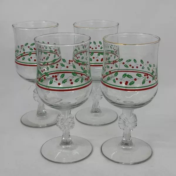 4 Arby's Libbey Holly Berry Christmas Water Goblets 6.75 Inch Bow Stem