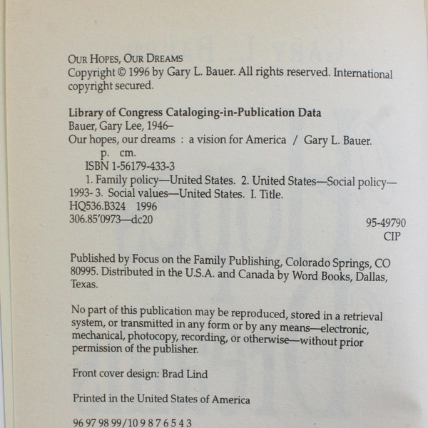 Our Hopes Our Dreams by Gary L. Bauer A Vision For America 1996 Paperback