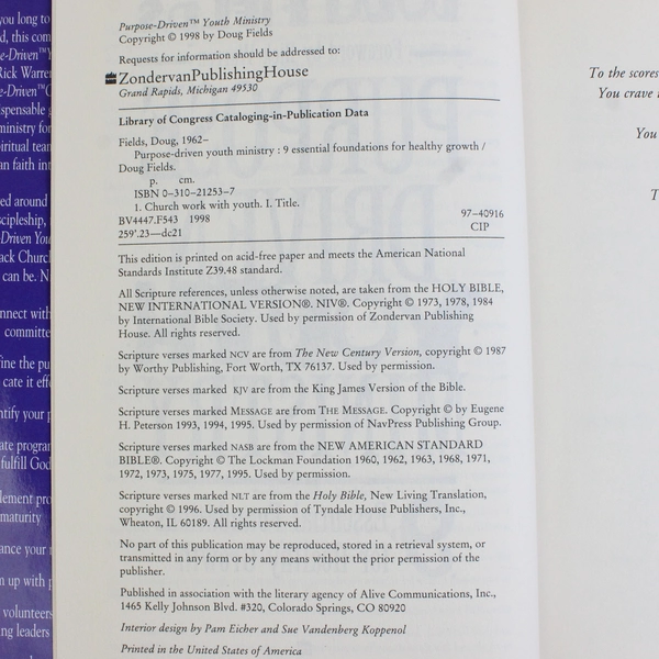 Purpose Driven Youth Ministry by Doug Fields 1998 HC DJ Signed Inscription