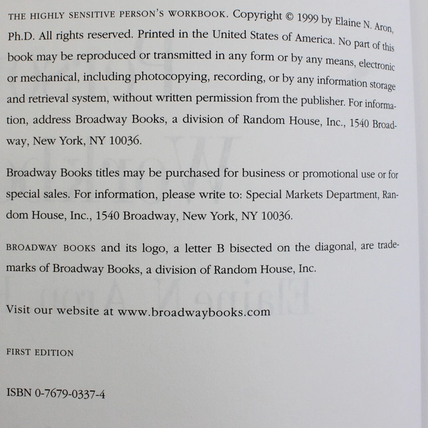 The Highly Sensitive Person's Workbook by Elaine N Aron 1999 PB 1st Edition