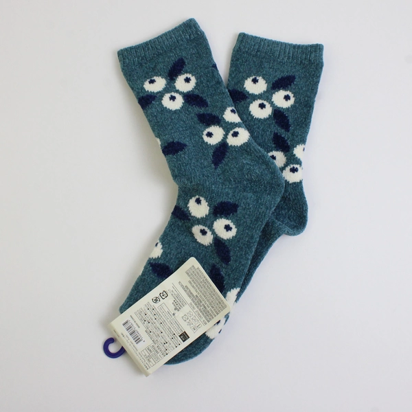 Daiso Women's Room Socks Blue/Green Berry Patern #0675 US Size 6-8