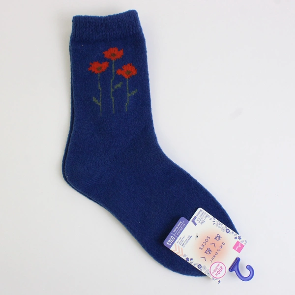 Daiso Women's Room Socks Blue W/ Orange Poppies Patern #0743 US Size 6-8