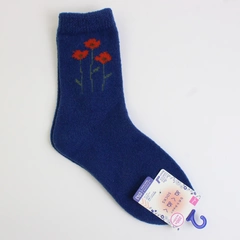 Daiso Women's Room Socks Blue W/ Orange Poppies Patern #0743 US Size 6-8