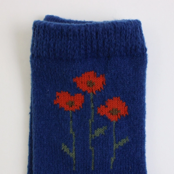 Daiso Women's Room Socks Blue W/ Orange Poppies Patern #0743 US Size 6-8