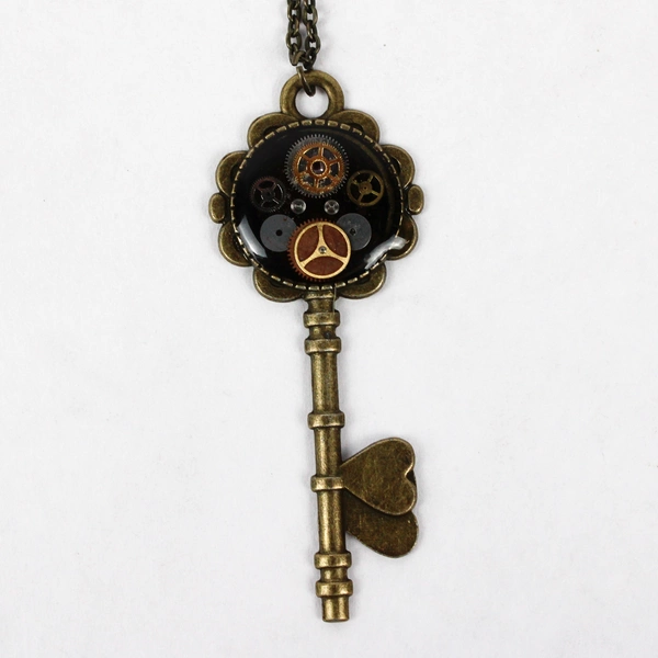 Brass-Tone Steampunk Style Skeleton Key Pendant Necklace 26"