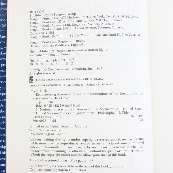 Rediscovering American Values by Dick DeVos (Amway) 1997 Hardcover Dust Jacket
