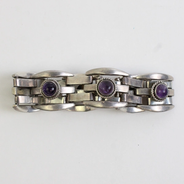 Vintage Amethyst Cabochon Chunky Sterling Silver Bracelet 7"