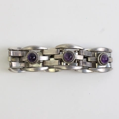 Vintage Amethyst Cabochon Chunky Sterling Silver Bracelet 7"