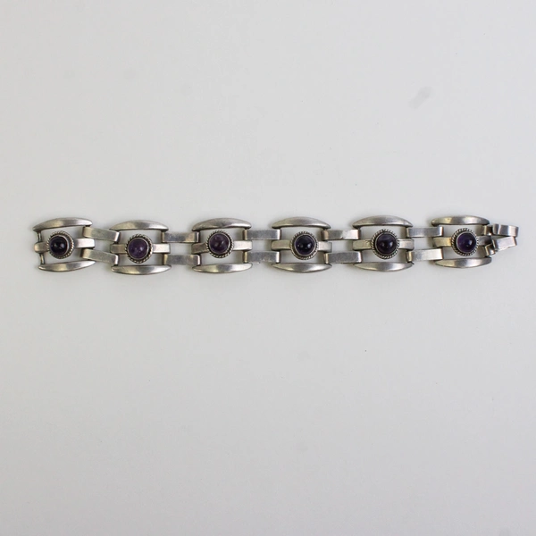 Vintage Amethyst Cabochon Chunky Sterling Silver Bracelet 7"