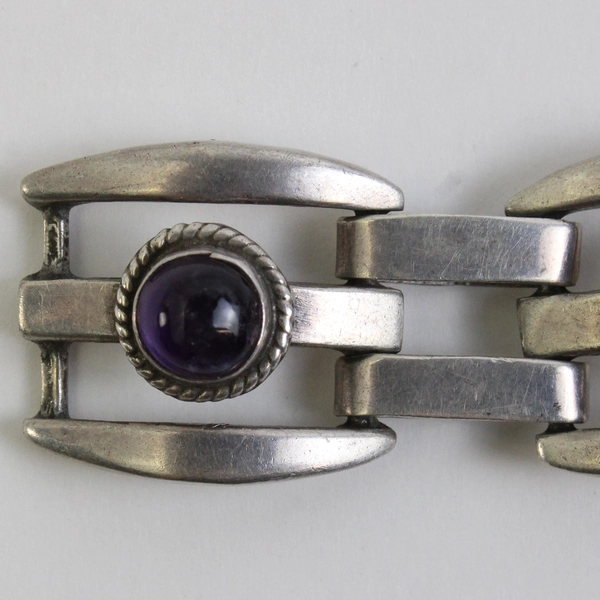 Vintage Amethyst Cabochon Chunky Sterling Silver Bracelet 7"